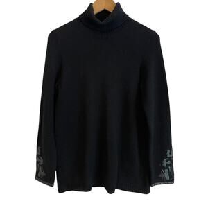 Bogner Sweater Womens Small Turtleneck Virgin Wool Lamb Leather Floral Pullover